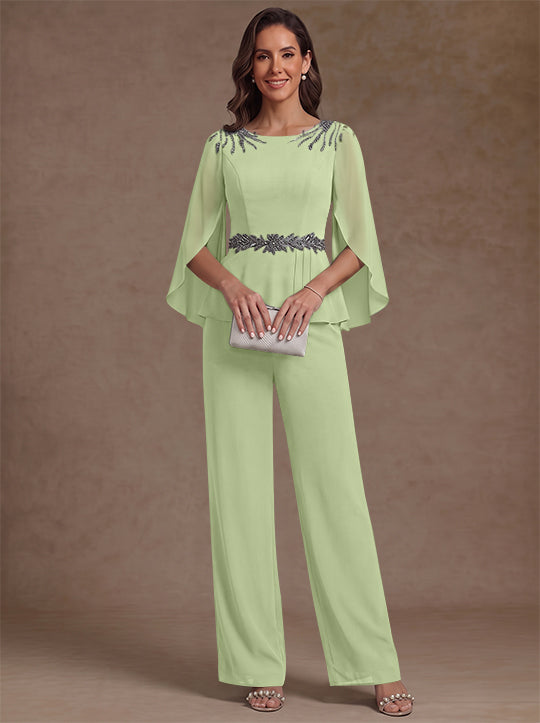 2 Pieces Suit Scoop Chiffon Mother of the Bride Pantsuits Ankle-Length 3/4 Sleeves Beading