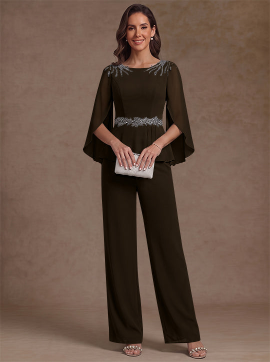 2 Pieces Suit Scoop Chiffon Mother of the Bride Pantsuits Ankle-Length 3/4 Sleeves Beading