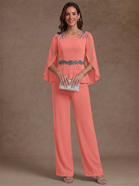 2 Pieces Suit Scoop Chiffon Mother of the Bride Pantsuits Ankle-Length 3/4 Sleeves Beading