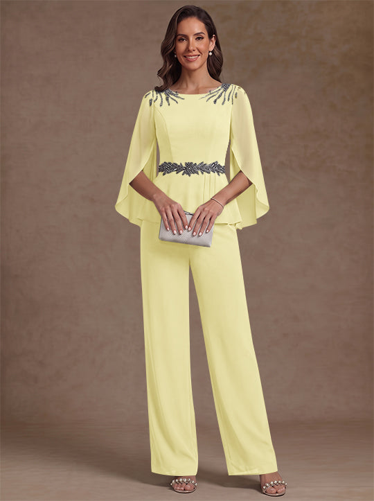 2 Pieces Suit Scoop Chiffon Mother of the Bride Pantsuits Ankle-Length 3/4 Sleeves Beading
