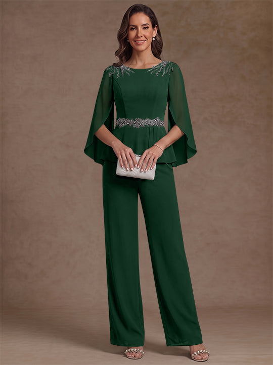 2 Pieces Suit Scoop Chiffon Mother of the Bride Pantsuits Ankle-Length 3/4 Sleeves Beading