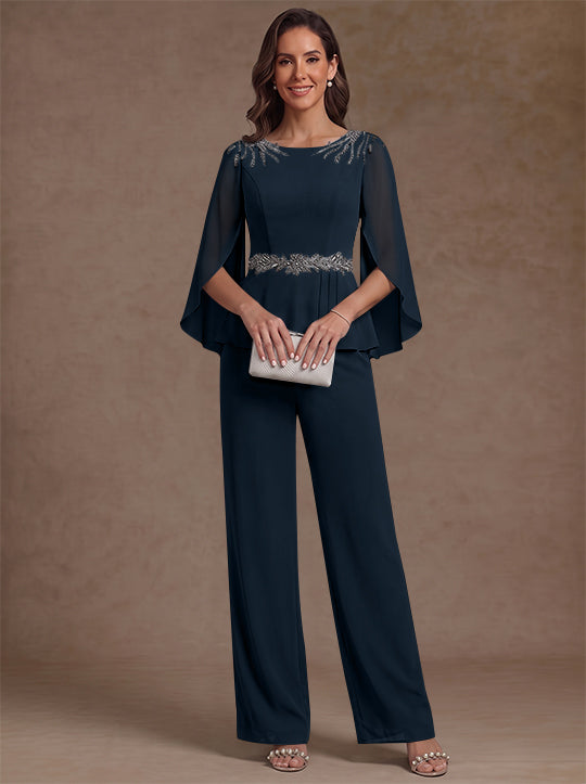 2 Pieces Suit Scoop Chiffon Mother of the Bride Pantsuits Ankle-Length 3/4 Sleeves Beading