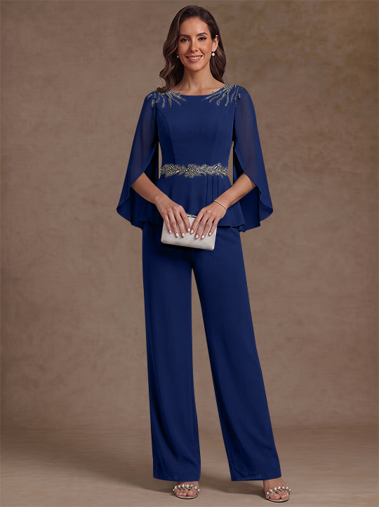2 Pieces Suit Scoop Chiffon Mother of the Bride Pantsuits Ankle-Length 3/4 Sleeves Beading