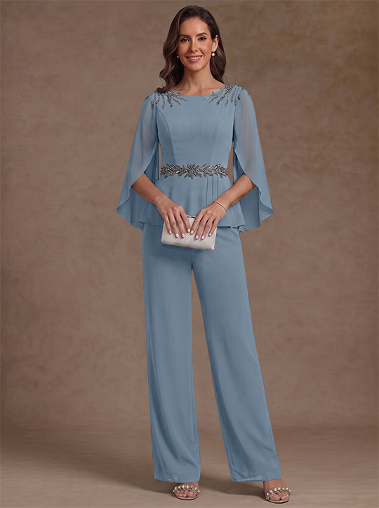 2 Pieces Suit Scoop Chiffon Mother of the Bride Pantsuits Ankle-Length 3/4 Sleeves Beading