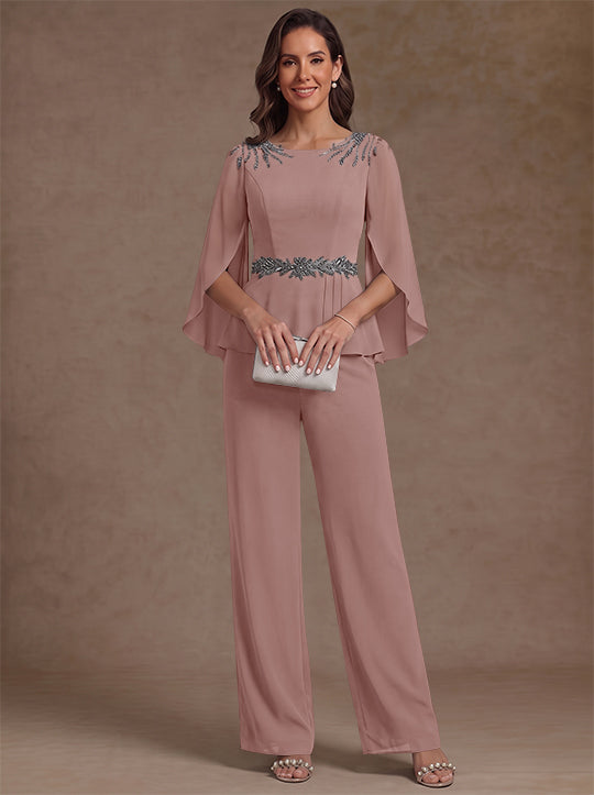 2 Pieces Suit Scoop Chiffon Mother of the Bride Pantsuits Ankle-Length 3/4 Sleeves Beading