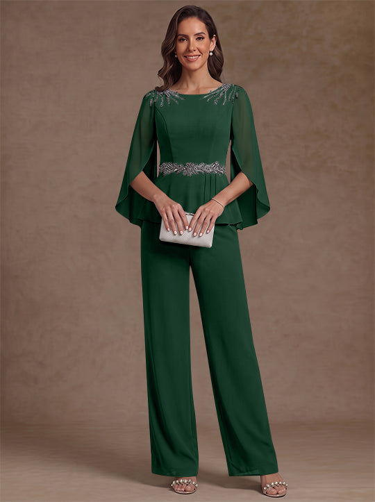 2 Pieces Suit Scoop Chiffon Mother of the Bride Pantsuits Ankle-Length 3/4 Sleeves Beading