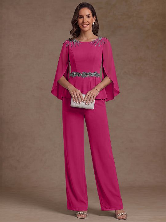 2 Pieces Suit Scoop Chiffon Mother of the Bride Pantsuits Ankle-Length 3/4 Sleeves Beading
