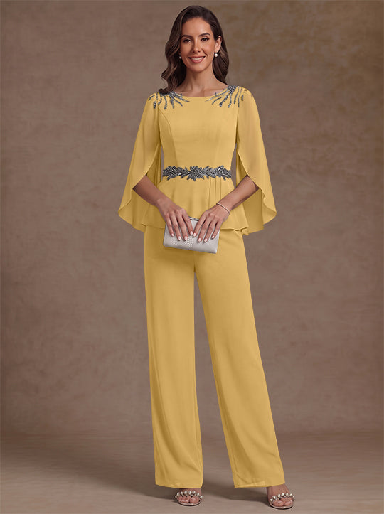 2 Pieces Suit Scoop Chiffon Mother of the Bride Pantsuits Ankle-Length 3/4 Sleeves Beading