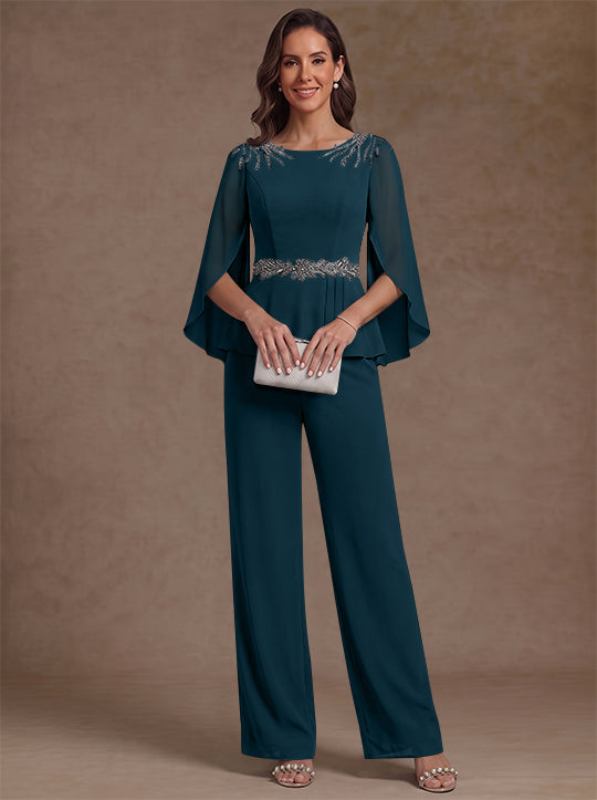 2 Pieces Suit Scoop Chiffon Mother of the Bride Pantsuits Ankle-Length 3/4 Sleeves Beading
