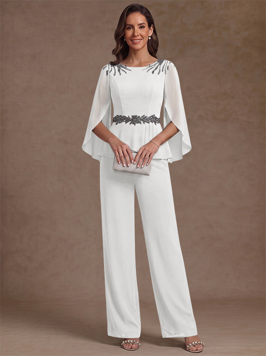 2 Pieces Suit Scoop Chiffon Mother of the Bride Pantsuits Ankle-Length 3/4 Sleeves Beading