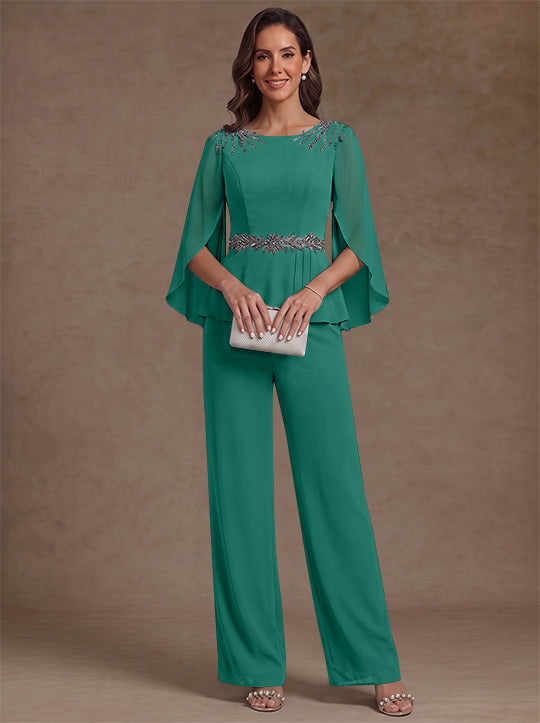 2 Pieces Suit Scoop Chiffon Mother of the Bride Pantsuits Ankle-Length 3/4 Sleeves Beading