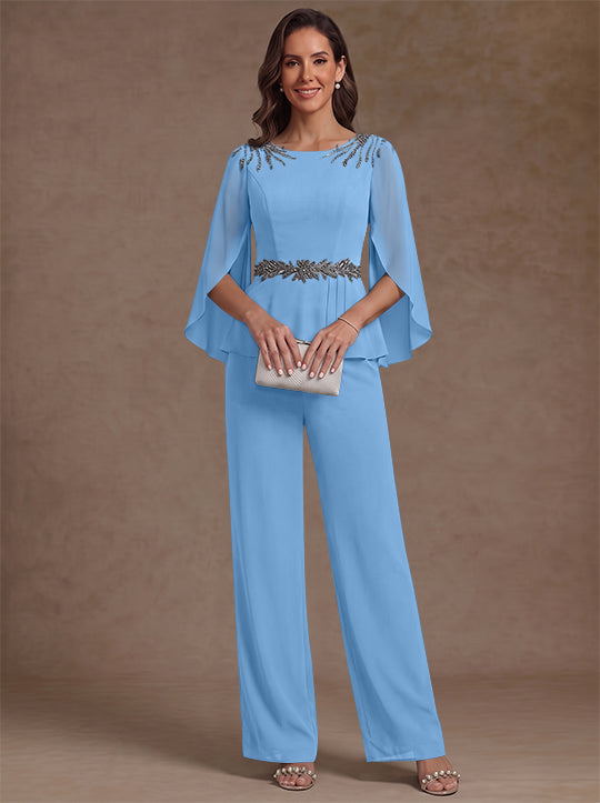 2 Pieces Suit Scoop Chiffon Mother of the Bride Pantsuits Ankle-Length 3/4 Sleeves Beading