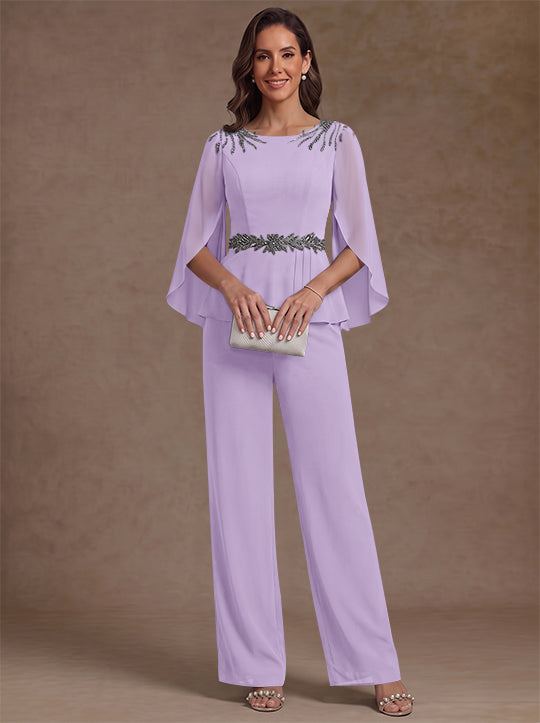 2 Pieces Suit Scoop Chiffon Mother of the Bride Pantsuits Ankle-Length 3/4 Sleeves Beading