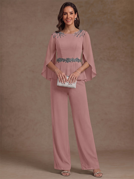 2 Pieces Suit Scoop Chiffon Mother of the Bride Pantsuits Ankle-Length 3/4 Sleeves Beading