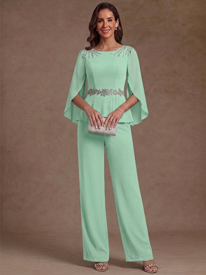 2 Pieces Suit Scoop Chiffon Mother of the Bride Pantsuits Ankle-Length 3/4 Sleeves Beading