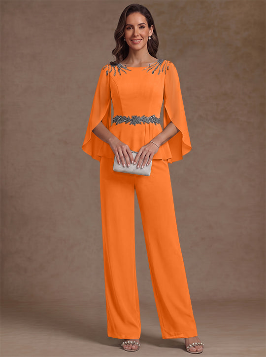 2 Pieces Suit Scoop Chiffon Mother of the Bride Pantsuits Ankle-Length 3/4 Sleeves Beading