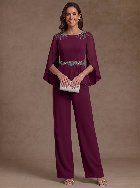 2 Pieces Suit Scoop Chiffon Mother of the Bride Pantsuits Ankle-Length 3/4 Sleeves Beading