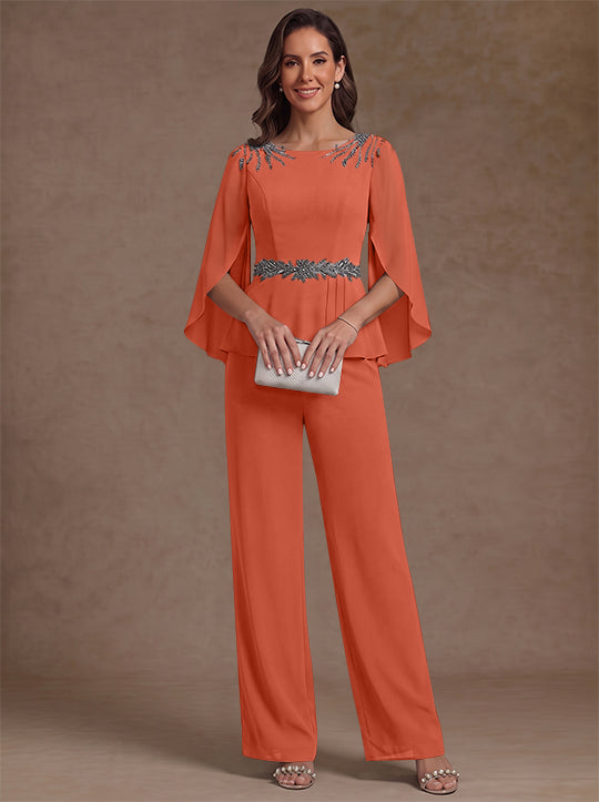 2 Pieces Suit Scoop Chiffon Mother of the Bride Pantsuits Ankle-Length 3/4 Sleeves Beading