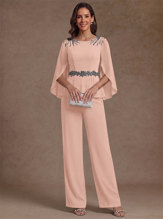 2 Pieces Suit Scoop Chiffon Mother of the Bride Pantsuits Ankle-Length 3/4 Sleeves Beading