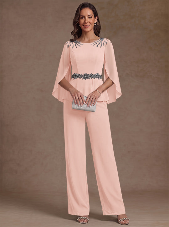2 Pieces Suit Scoop Chiffon Mother of the Bride Pantsuits Ankle-Length 3/4 Sleeves Beading