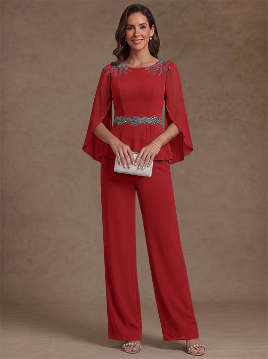 2 Pieces Suit Scoop Chiffon Mother of the Bride Pantsuits Ankle-Length 3/4 Sleeves Beading