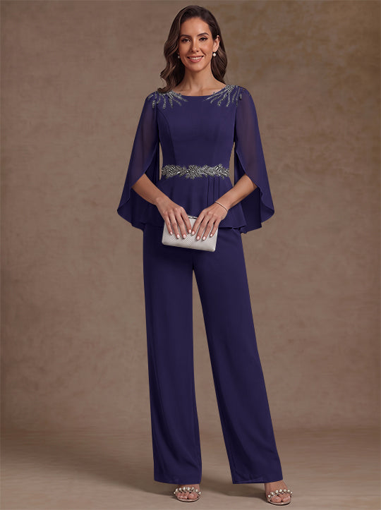 2 Pieces Suit Scoop Chiffon Mother of the Bride Pantsuits Ankle-Length 3/4 Sleeves Beading