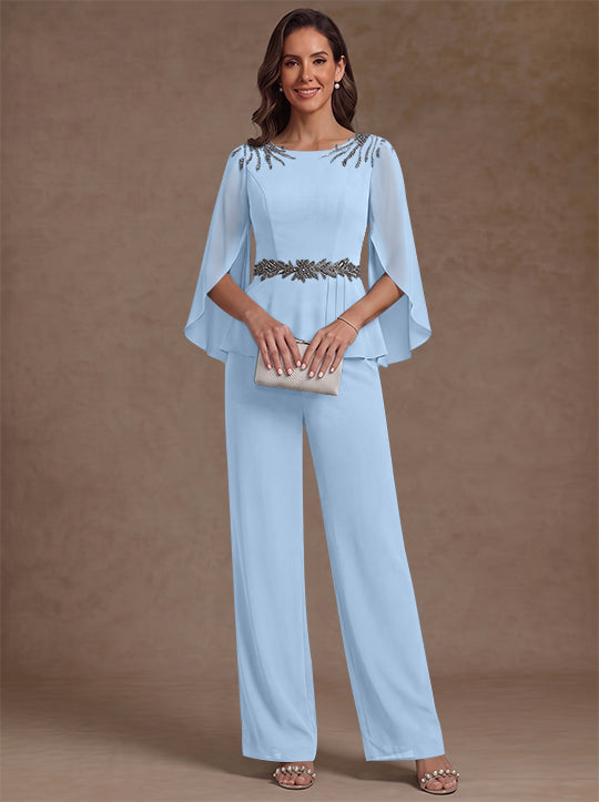 2 Pieces Suit Scoop Chiffon Mother of the Bride Pantsuits Ankle-Length 3/4 Sleeves Beading