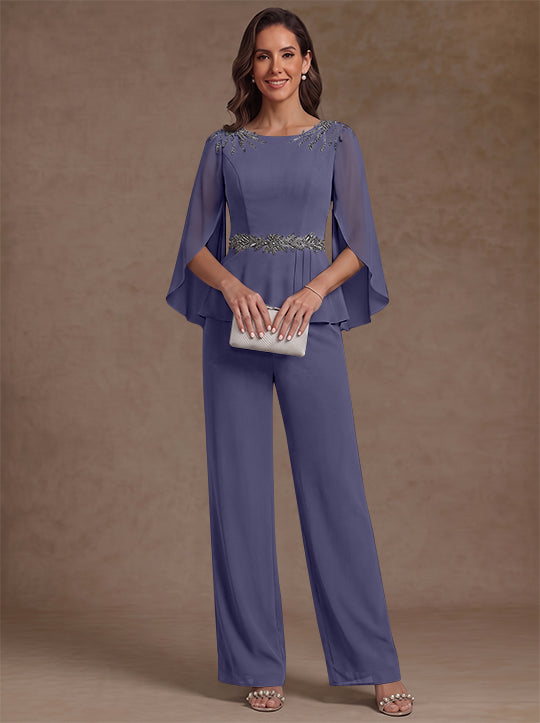 2 Pieces Suit Scoop Chiffon Mother of the Bride Pantsuits Ankle-Length 3/4 Sleeves Beading