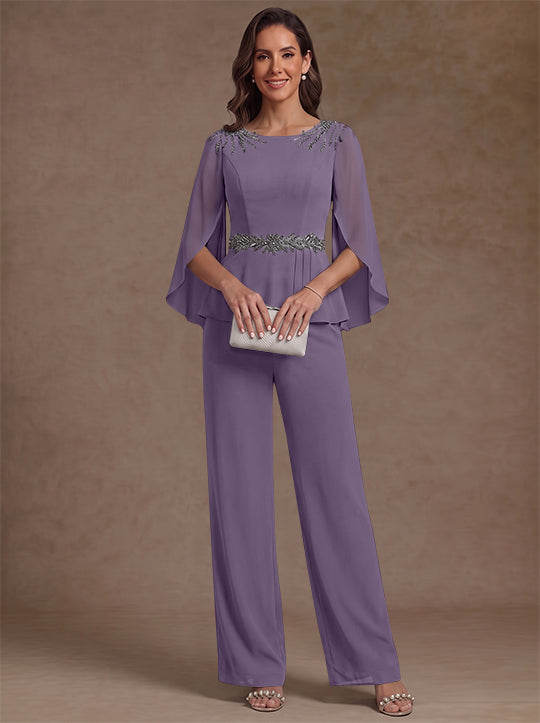 2 Pieces Suit Scoop Chiffon Mother of the Bride Pantsuits Ankle-Length 3/4 Sleeves Beading