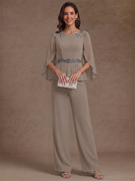 2 Pieces Suit Scoop Chiffon Mother of the Bride Pantsuits Ankle-Length 3/4 Sleeves Beading