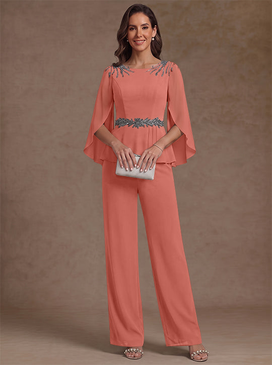 2 Pieces Suit Scoop Chiffon Mother of the Bride Pantsuits Ankle-Length 3/4 Sleeves Beading