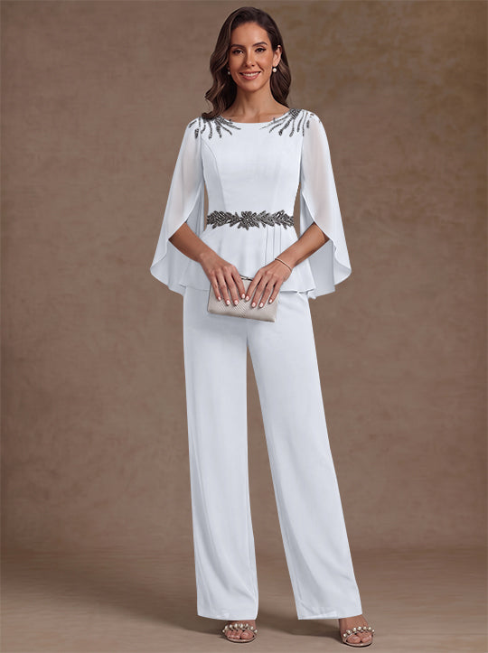 2 Pieces Suit Scoop Chiffon Mother of the Bride Pantsuits Ankle-Length 3/4 Sleeves Beading