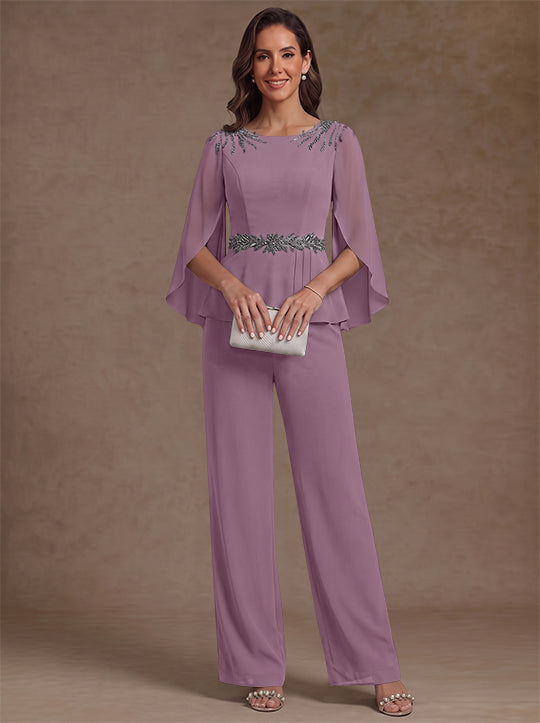 2 Pieces Suit Scoop Chiffon Mother of the Bride Pantsuits Ankle-Length 3/4 Sleeves Beading