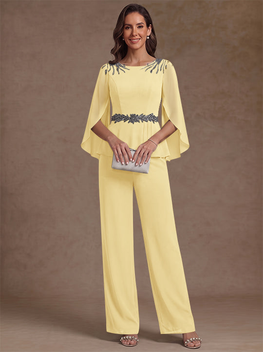 2 Pieces Suit Scoop Chiffon Mother of the Bride Pantsuits Ankle-Length 3/4 Sleeves Beading