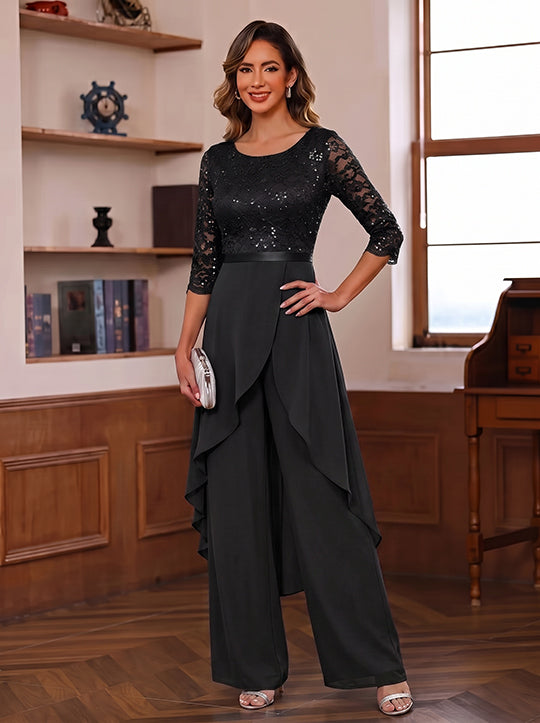 Chiffon Scoop Mother of the Bride Jumpsuits with Overskirt Ankle-Length Ruffles 3/4 Sleeves Lace Floral