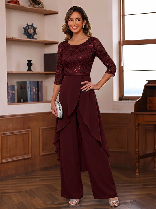 Chiffon Scoop Mother of the Bride Jumpsuits with Overskirt Ankle-Length Ruffles 3/4 Sleeves Lace Floral