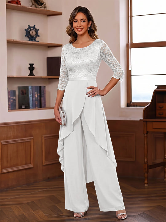 Chiffon Scoop Mother of the Bride Jumpsuits with Overskirt Ankle-Length Ruffles 3/4 Sleeves Lace Floral