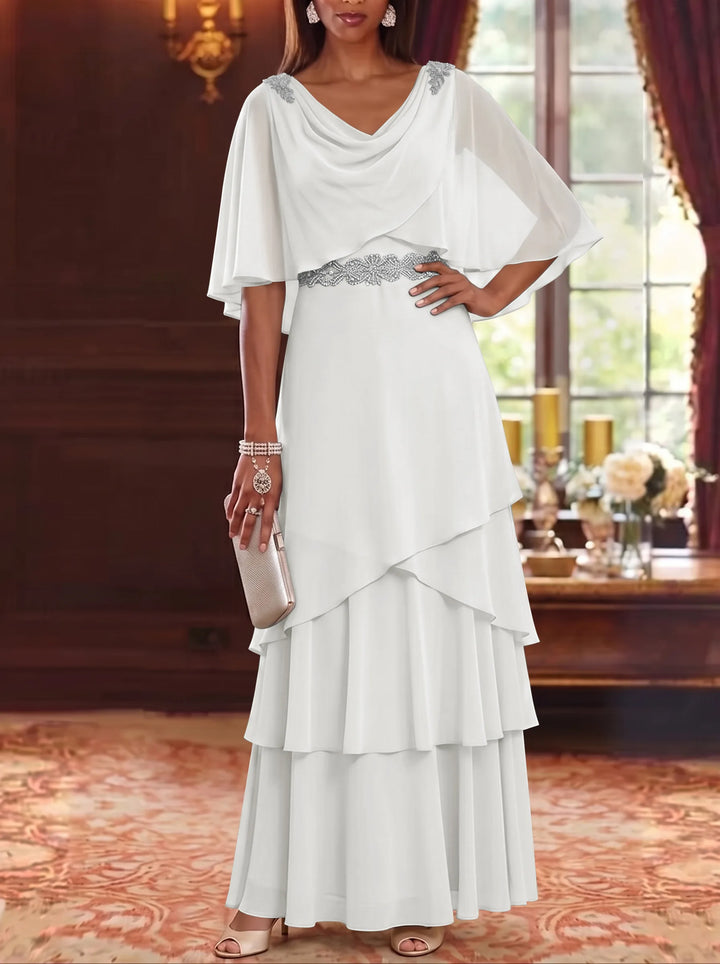 A-Line/Princess Cowl Neck Chiffon Mother of the Bride Dresses Floor-Length Ruffles Cape Sleeves Sash