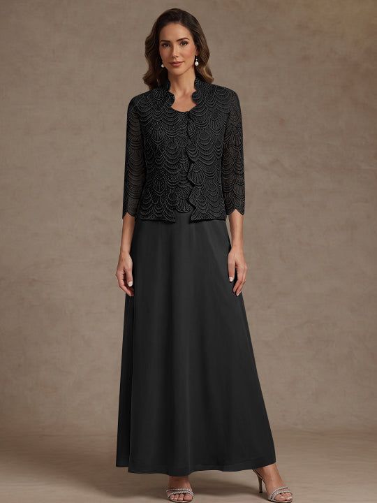 2 Pieces A-Line/Princess Scoop Chiffon Mother of the Bride Dresses Ankle-Length 3/4 Sleeves&amp;Sleeveless with Lace Jacket