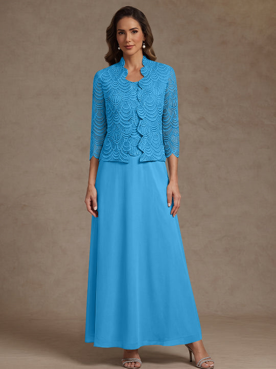 2 Pieces A-Line/Princess Scoop Chiffon Mother of the Bride Dresses Ankle-Length 3/4 Sleeves&amp;Sleeveless with Lace Jacket
