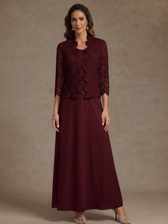 2 Pieces A-Line/Princess Scoop Chiffon Mother of the Bride Dresses Ankle-Length 3/4 Sleeves&amp;Sleeveless with Lace Jacket