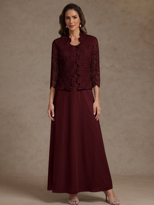2 Pieces A-Line/Princess Scoop Chiffon Mother of the Bride Dresses Ankle-Length 3/4 Sleeves&amp;Sleeveless with Lace Jacket