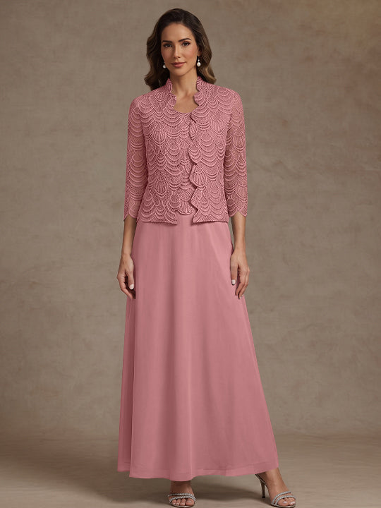 2 Pieces A-Line/Princess Scoop Chiffon Mother of the Bride Dresses Ankle-Length 3/4 Sleeves&amp;Sleeveless with Lace Jacket