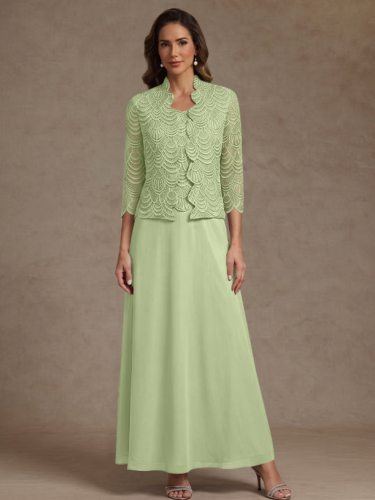 2 Pieces A-Line/Princess Scoop Chiffon Mother of the Bride Dresses Ankle-Length 3/4 Sleeves&amp;Sleeveless with Lace Jacket