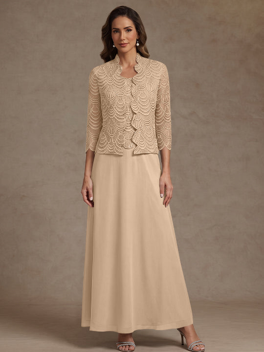 2 Pieces A-Line/Princess Scoop Chiffon Mother of the Bride Dresses Ankle-Length 3/4 Sleeves&amp;Sleeveless with Lace Jacket
