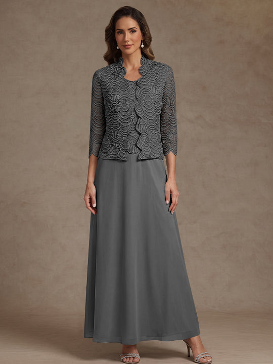2 Pieces A-Line/Princess Scoop Chiffon Mother of the Bride Dresses Ankle-Length 3/4 Sleeves&amp;Sleeveless with Lace Jacket