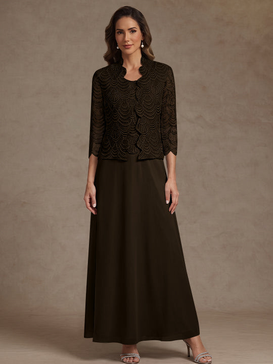 2 Pieces A-Line/Princess Scoop Chiffon Mother of the Bride Dresses Ankle-Length 3/4 Sleeves&amp;Sleeveless with Lace Jacket