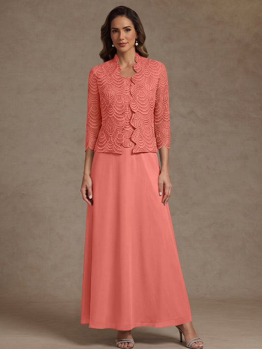 2 Pieces A-Line/Princess Scoop Chiffon Mother of the Bride Dresses Ankle-Length 3/4 Sleeves&amp;Sleeveless with Lace Jacket