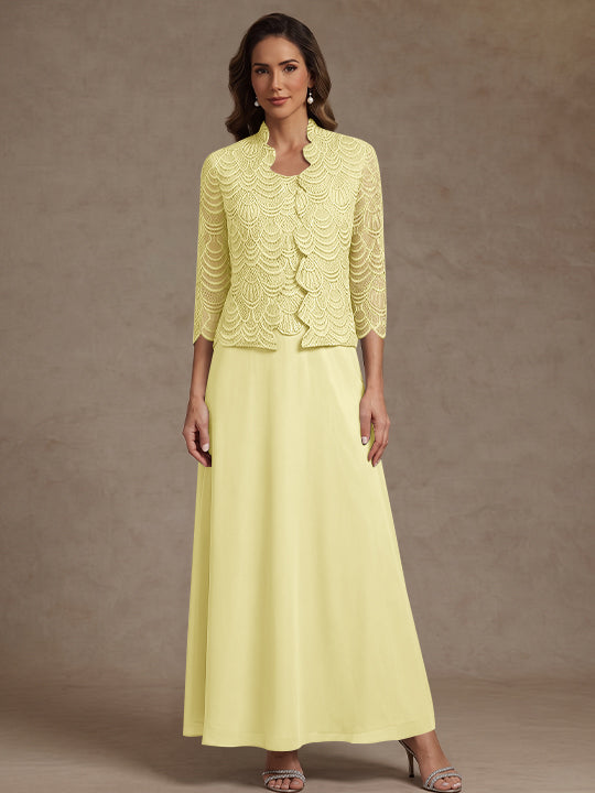 2 Pieces A-Line/Princess Scoop Chiffon Mother of the Bride Dresses Ankle-Length 3/4 Sleeves&amp;Sleeveless with Lace Jacket