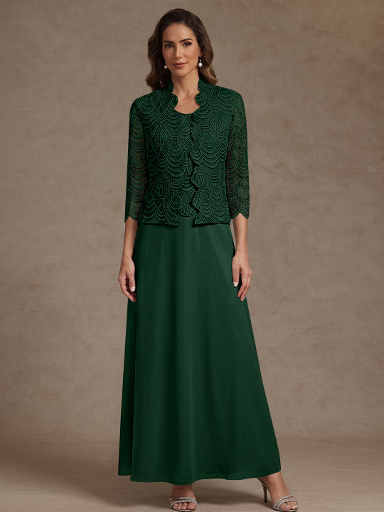 2 Pieces A-Line/Princess Scoop Chiffon Mother of the Bride Dresses Ankle-Length 3/4 Sleeves&amp;Sleeveless with Lace Jacket